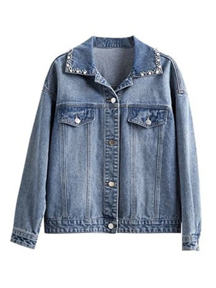 Veste courte en denim perlé pour femme, manteau en jean bleu, vestes d'automne décontractées, streetwear coréen, printemps, 2024