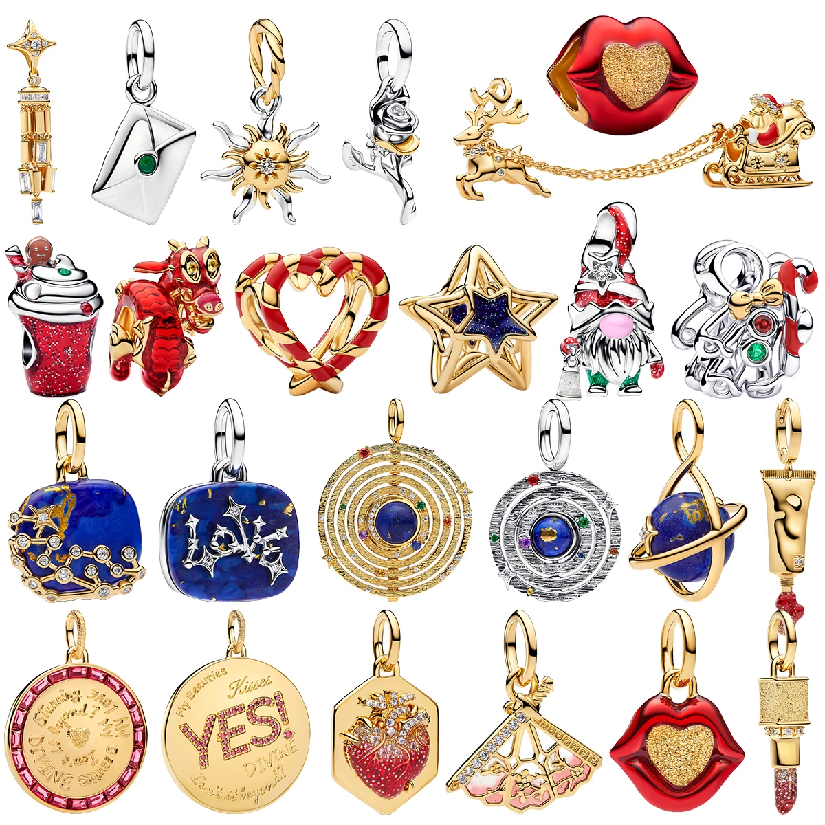 Fashion 925 Silver Charms Planet Zodiac Star Reindeer Santa Claus Dragon Lips Fan Lipstick Beads Pendant Fit Bracelet Jewelry