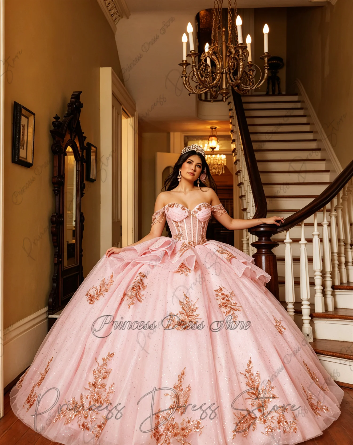 Luxury Shiny Princess Sweet 16 Dress Quinceanera Dresses Crystal Tull Party Birthday Vestidos Applique Flower Beading customized