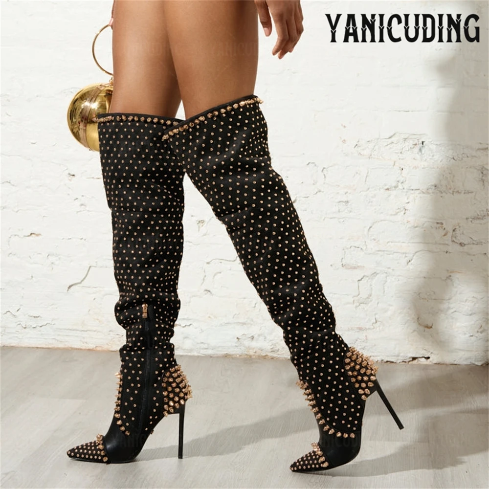 

Metallic Gold Studs over the Knee Boots Faux Suede Leather Sky-High Stiletto Heel Punk Boots Sexy Style Spikes Boots for Women