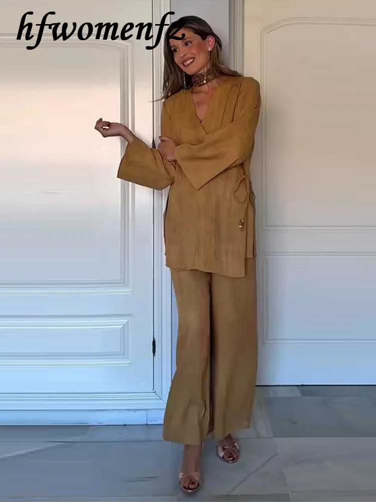 

Casual Solid Women's Trouser Suit V-neck Full Sleeve Bead Lace Up Elastic Waist Wide Leg Pants 2026 Summer 2 Pieces Set Women