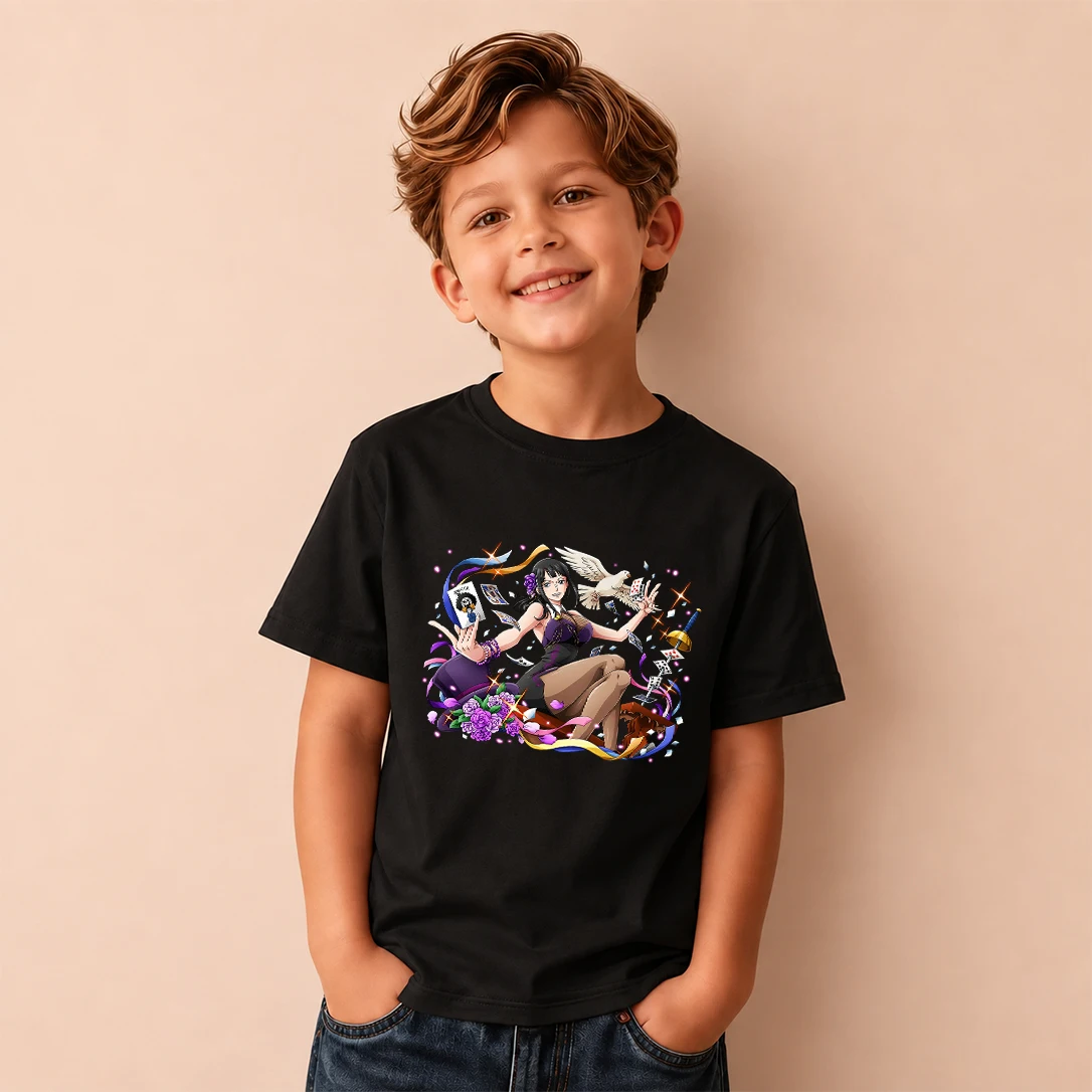 T-shirt pour enfants, motif One Piece, Nico Robin, imprimé avec des cartes magiques, manches courtes, haut décontracté, pour garçons et filles, idéal pour le quotidien, t-shirts à l’effigie d’anime.