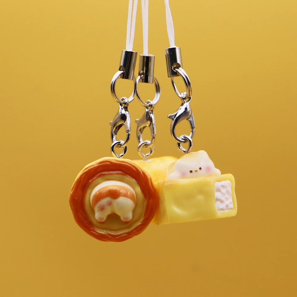 3pcs Resin Cute Dog Bread Corgi Egg Tart Phone Charm Strap Food Toy Bag Camera Pendant Keychain Cord Lanyard for IPhone