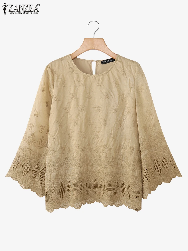 

ZANZEA 2025 Cotton Vintage Blouse Women Fashion Flare Sleeve Tops Casual Loose Tunic Autumn O Neck Solid Color Pullover Oversize