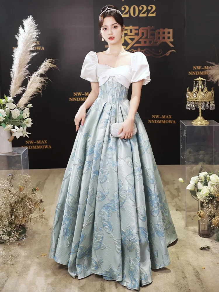 2025 Abito da sera blu Colletto quadrato francese Maniche a sbuffo Abiti da festa di compleanno in raso stampato vintage Abito da ballo a-line Caldo