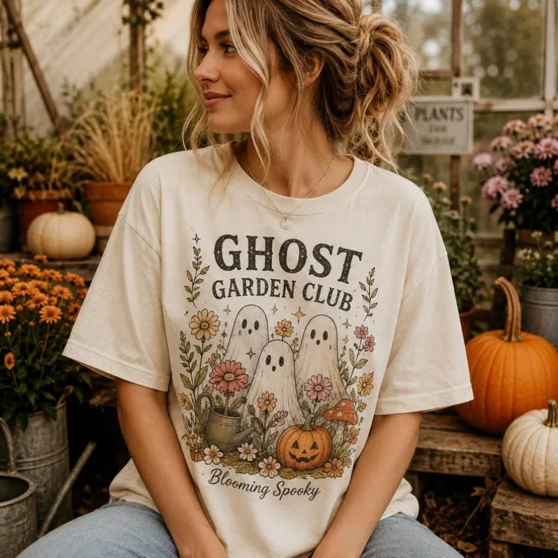 Women Skeleton Garden Party Graphic T‑Shirt Retro Fall Pumpkin Floral Print Short Sleeve Tee Halloween Vintage Loose Top