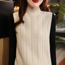 100% Wool Sleeveless Hollow-out Half high collar Frontline Production Thickening Office Women Sweater Vest Pullover New