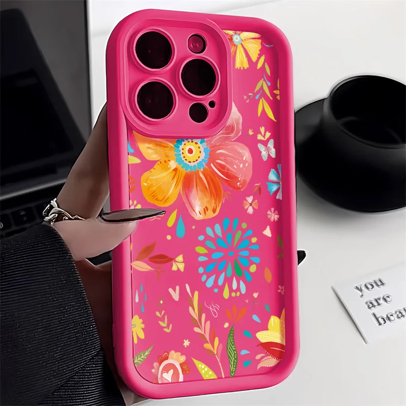 Flower Phone Case for iPhone 13 11 15 Pro Max 14 Plus 12 XR X XS 7 8 SE 13pro 15pro Liquid Silicon Solid Color Funda Cover Coque
