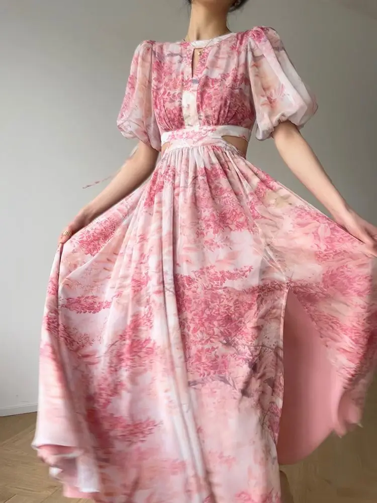 French Long Pink One-piece Dress Cherry Blossom Lofa Art Print Design Maxi Skirt Sense Off The Waist Floor-length Seaside Dress