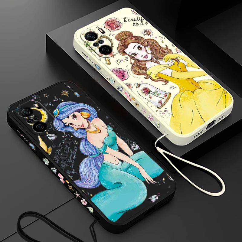 حافظة هاتف جميلة برنسيس من Disney لهاتف شاومي ريدمي نوت 12 12Pro 11 11S 11T 10S 10 Pro Plus 5G غطاء حبل يسار سائل