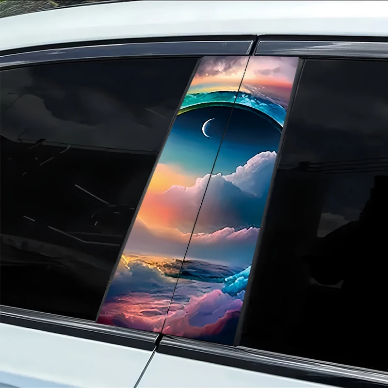 

2 наклейки на B-стойки автомобиля с эффектом радуги и заката, из гладкого материала, защитная пленка, устойчивая к царапинам.