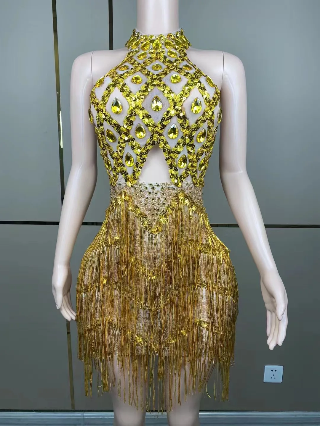 

Women New Sexy Fashion Gold Fringe Silver Rhinestones Pearls Transparent Dress Dance Show Costume Birthday Party Outfit Dress