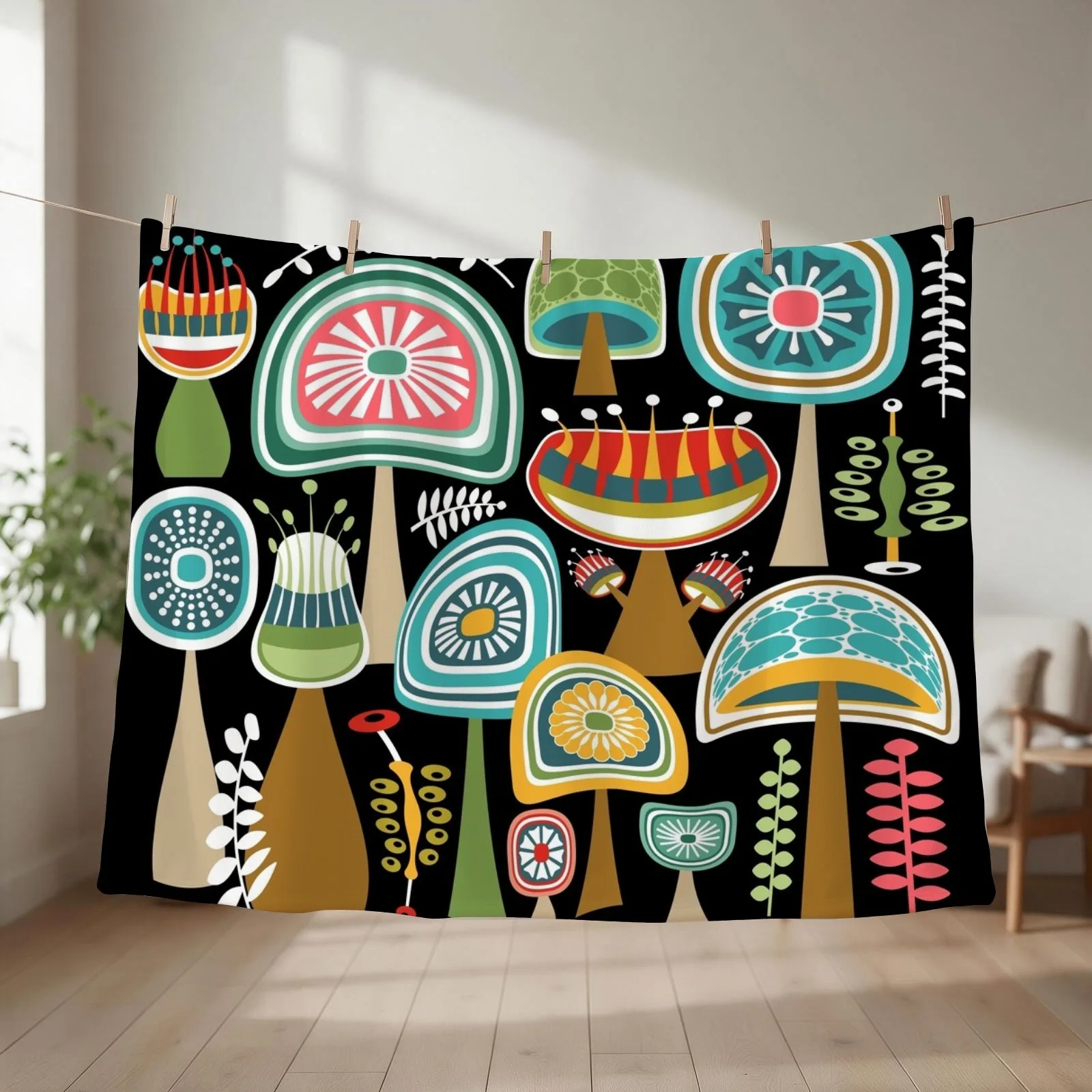 Colorful Mid Century Modern Mushrooms // Large Scale Throw Blanket Bed linens Vintage Bed covers sofa bed Blankets