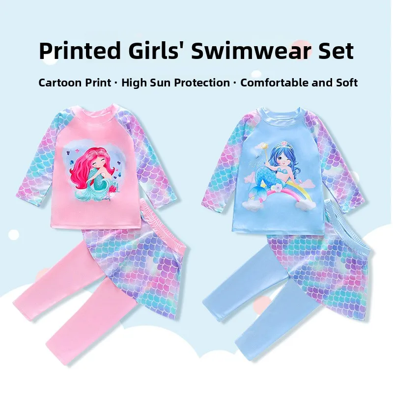 

Children's Swimming Suit Girl Long Sleeve Pants Separate Sun Protection Mermaid Baby Toddler Kids Hot Spring Swimming Set
