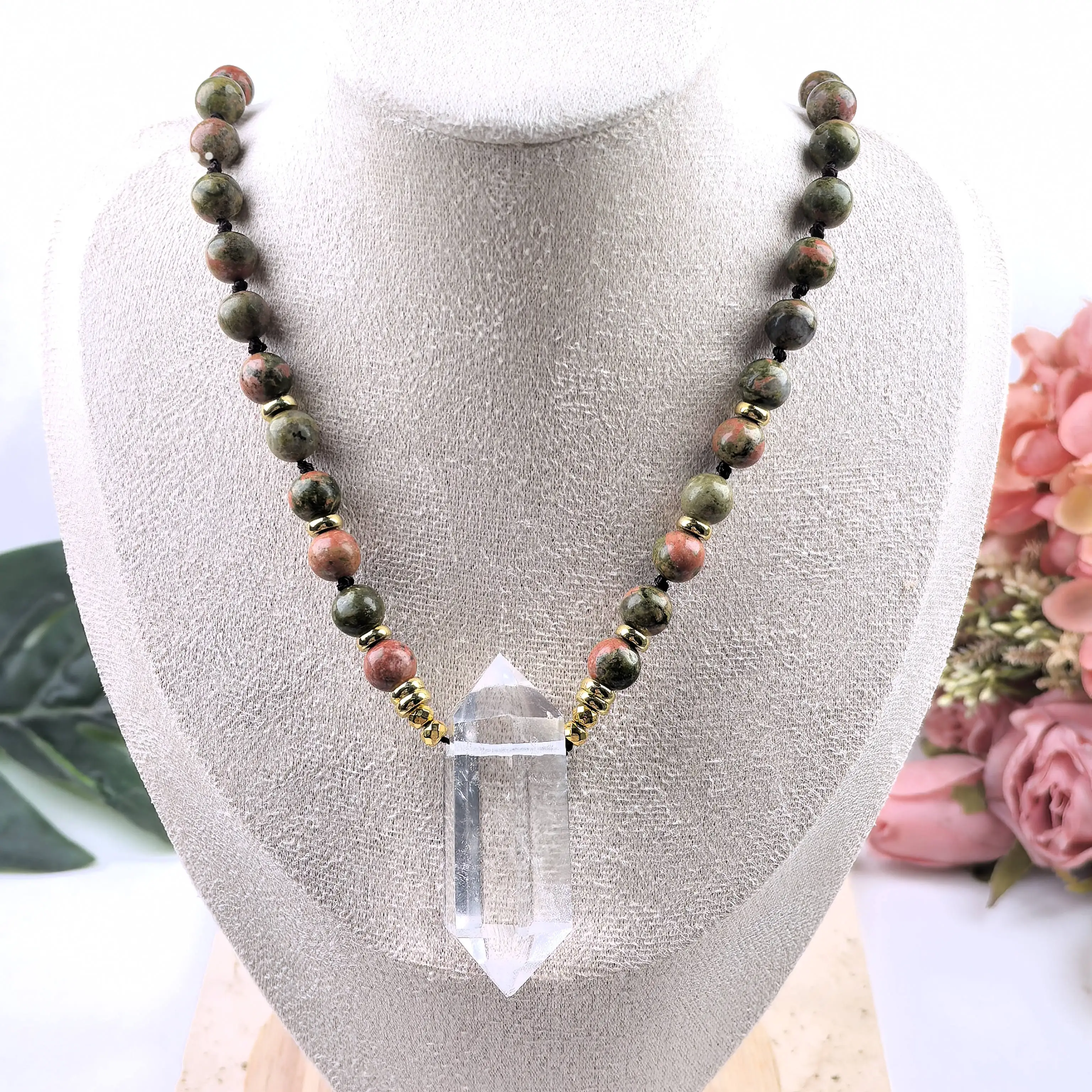 

Quartz Crystal Double Point Pendants Unakite 108 Mala Beads Yoga Prayer Necklaces Knot Handmade Women Meditation Jewelry,QC0188