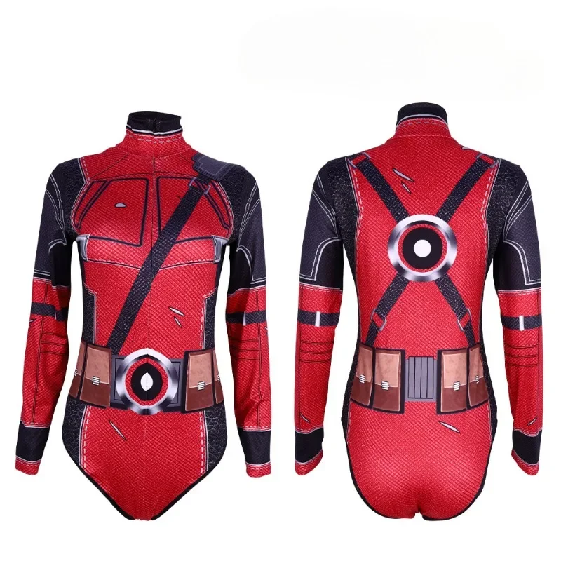 ผู้หญิงคอสเพลย์ชุดบอดี้สูทชุดว่ายน้ํา Zip Up เซ็กซี่แขนยาว 3d พิมพ์ Superhero Deadpool Spider-man ชุดว่ายน้ํา Maillot