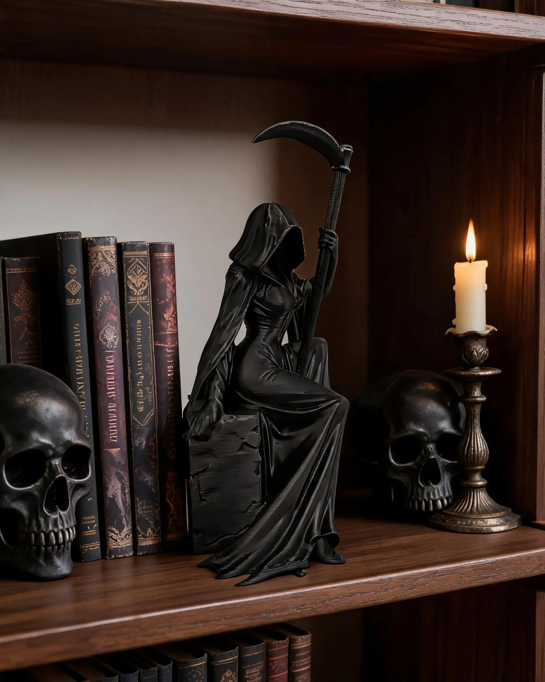 3D-Gedruckte Sitzende Weibliche Sensenfrau-Figur mit Sensenmesser, Gotische Lady Death Statue, Halloween Dunkle Horror-Tischdekoration – Detail 4