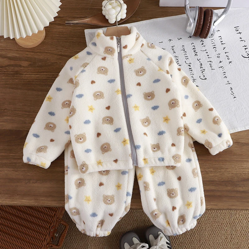 Autumn Winter Lamb Fleece Clothing Set Cartoon Print Plush Thick Warm Lapel Zipper Coat+Pants 2Pcs For 1-10Y Kids Casual Outfit