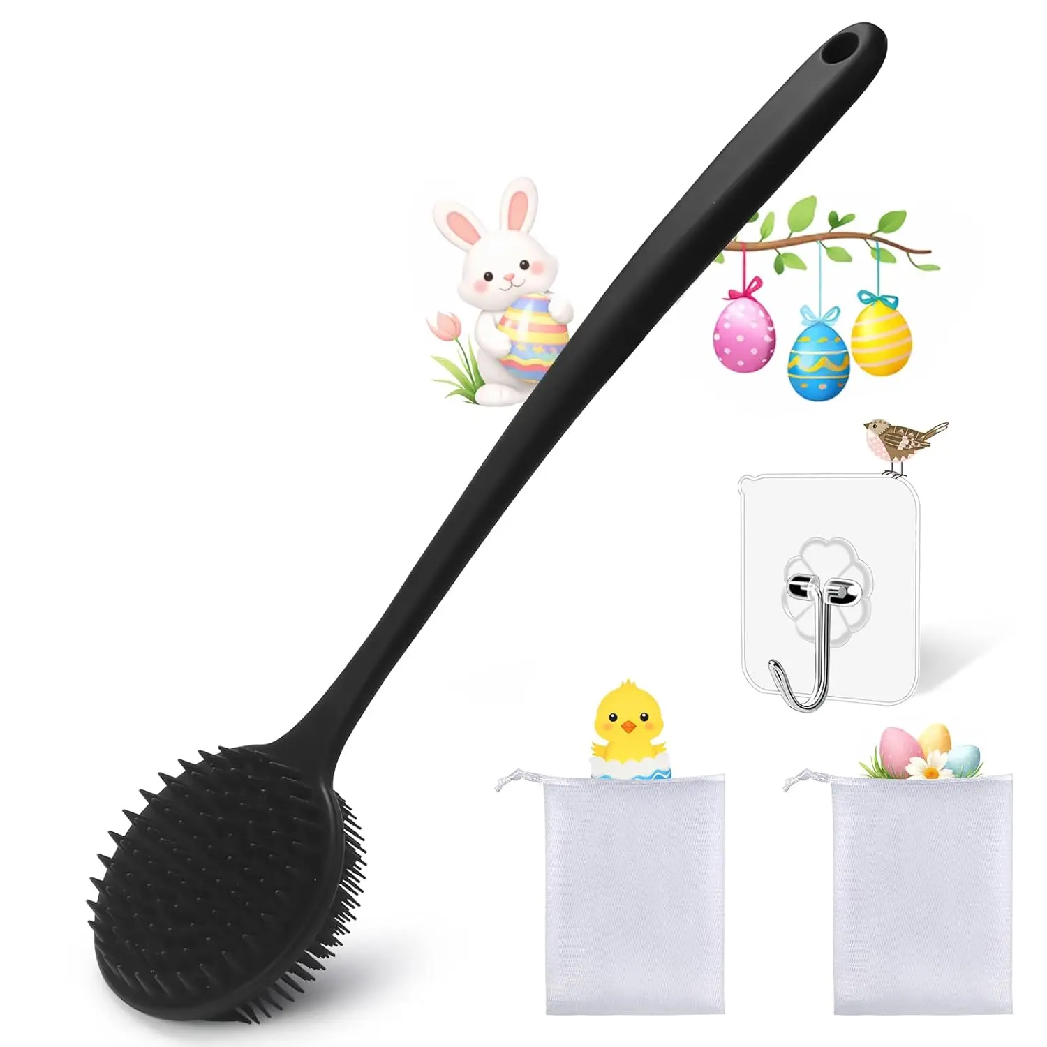 

Dual-Sided Exfoliating & Massage Shower Brush with Long Handle, Creates Rich Lather, Includes Hook & Lather Balls