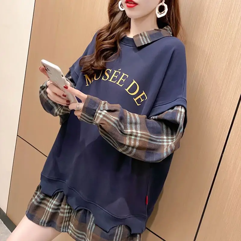 Autumn Korean Patchwork Turn-down Collar Long Sleeve T-Shirts Women Clothes All-match Plaid Loose Sweatshirts Fake Two Pieces