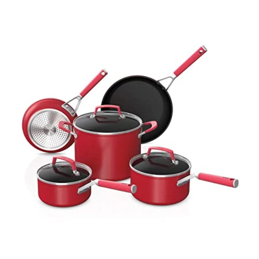 

C28000 Foodi NeverStick Vivid 8-Piece Cookware Set with Lids Nonstick Durable Oven Safe to 400F Cool-Touch Handles Crimson Red