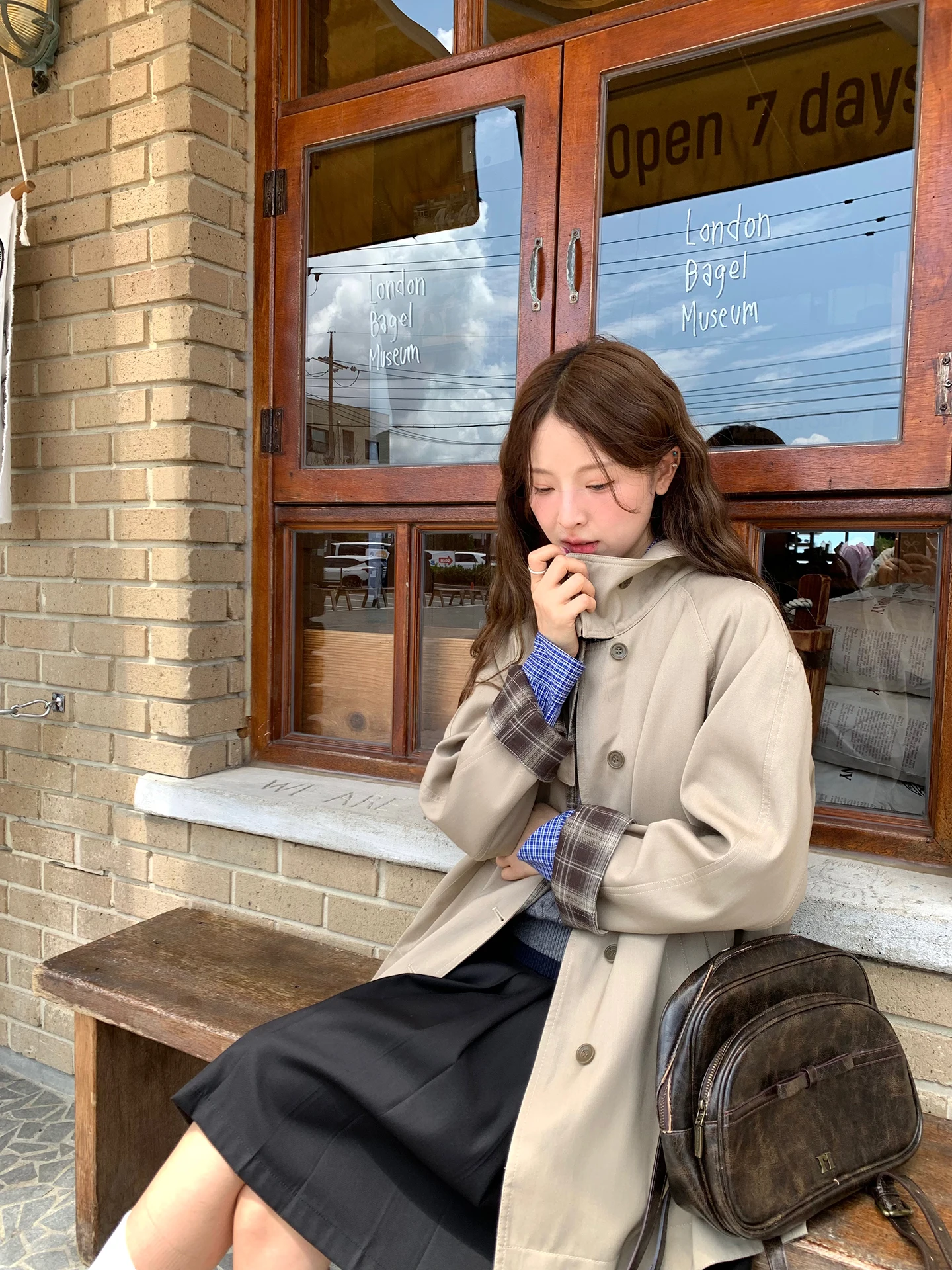 

WHYSTUDIO Women's Mid-Length Loose Coat Double-Sided Khaki Plaid Stand Collar Zipper Closure Long Sve Commute Sle