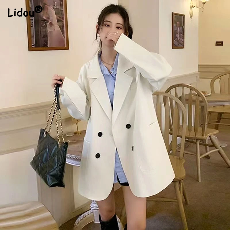 2022 Solid Color Korean Casual Blazers Fashion Women\'s Clothing Straight Pockets Button Notched Spring Autumn Coat Young Style