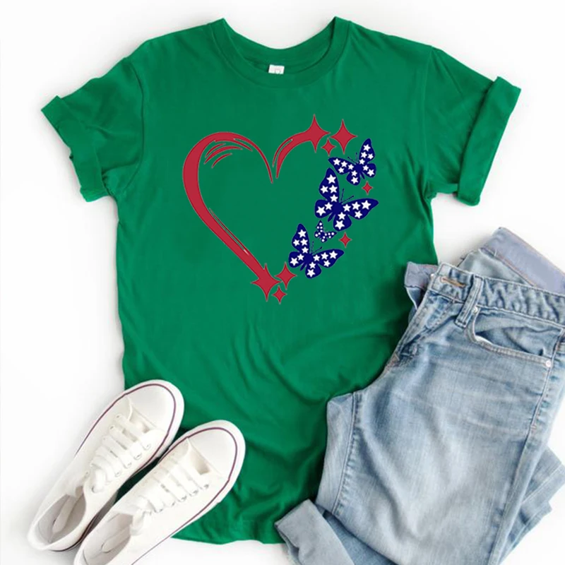 USA Butterfly T Shirt Aesthetic 4th of July Independence Day Women Clothes America Heart Tops Freedom Day Shirts