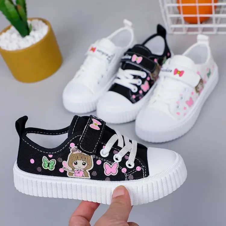 Children's Canvas Shoes Spring Autumn White Embroidery Cartoon Boys and Girls Single Shoes Pink Soft Non-slip Kids Casual Shoes