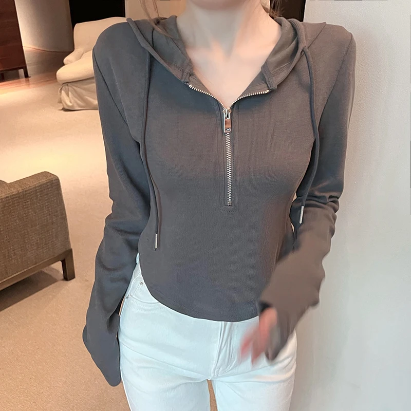 

2023 Spring And Autumn Long Sleeve T Shirt For Women Korean Hooded Top Female Black Tshirts Slim Zipper Cardigan Tee Shirt Femme