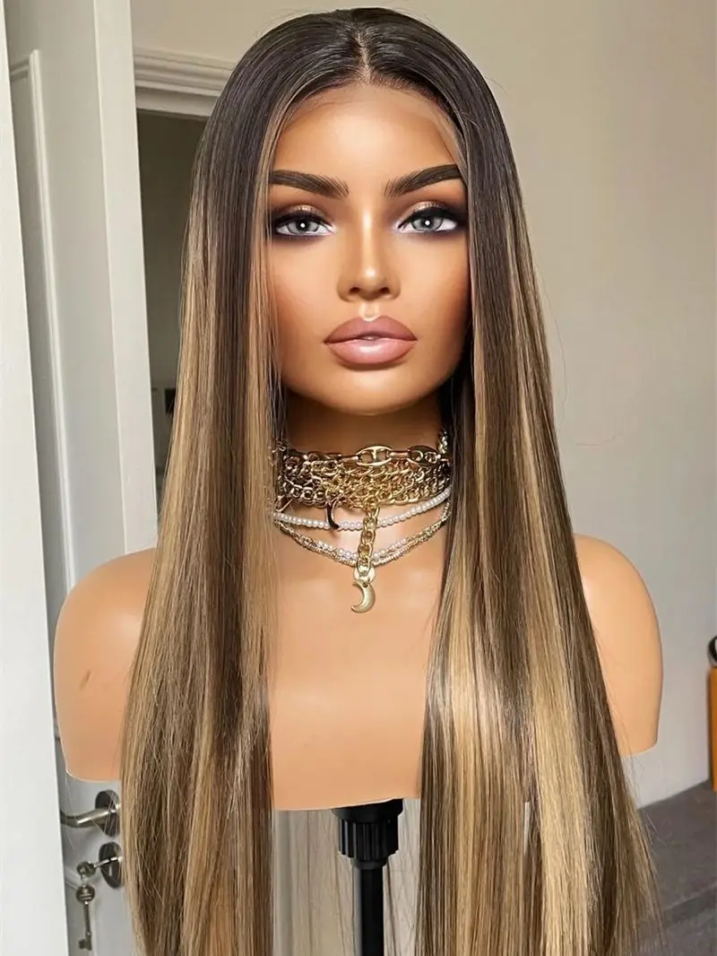 

28 Inches Ombre Honey Brown Blonde Synthetic HD Lace Front Wig Preplucked Hairline Average Cap Size For Black White Women Daily