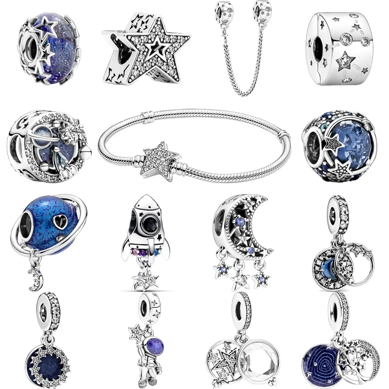 925 Silver Blue Starry Sky Galaxy Planet Stars Moon Astronaut Rocket Shiny Beads Fit Original Pandora Charm Bracelet DIY Jewelry