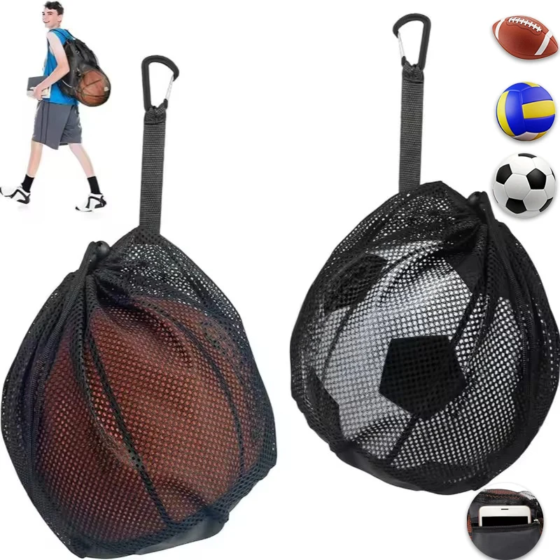 Single Ball Bag for Basketball Soccer Volleyball, Mesh Storage with Zipper Pocket, Adjustable Drawstring Ball Bag with Clip