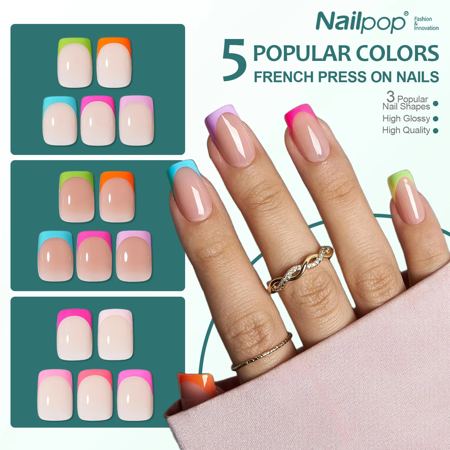 

Nailpop 160 шт., французский пресс на ногтях, летние 5 цветов, полное покрытие, накладные ногти, 16 размеров, миндалевидные квадратные многоразовые наращивание ногтей, сделай сам