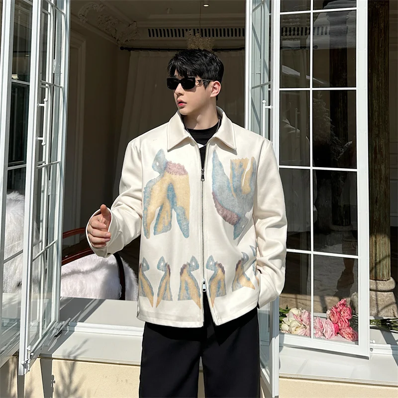 

SYUHGFA 2024 Winter Korean Style Men Woolen Jacket Turn-down Collar Digital Printing Double Zipper Thick Contrast Color Coat
