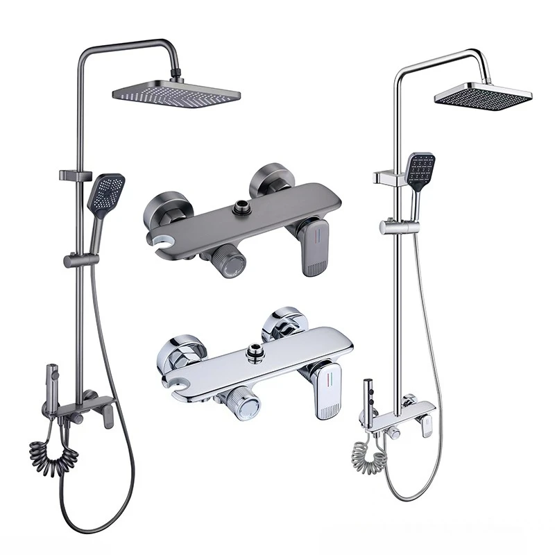 Grey/Chrome Brass Shower System Four Ways Water Outlet Bathroom Shower Faucet Set Rainlfall Hot Cold Bathroom Shower Set