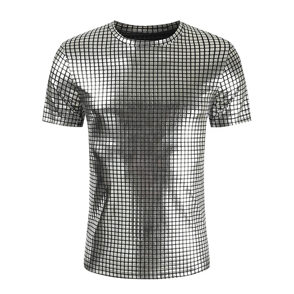 Fashion Men\'s 70s Disco Costume Sequin Shirt Short Sleeve T-Shirts O Neck Solid Color Party Club Top T Shirt Man Clothing