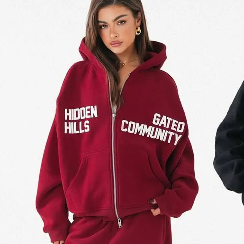 2026 nieuwe Amerikaanse hiphop-punk stijl street letter print top met capuchon, losse casual rits-sweatshirt