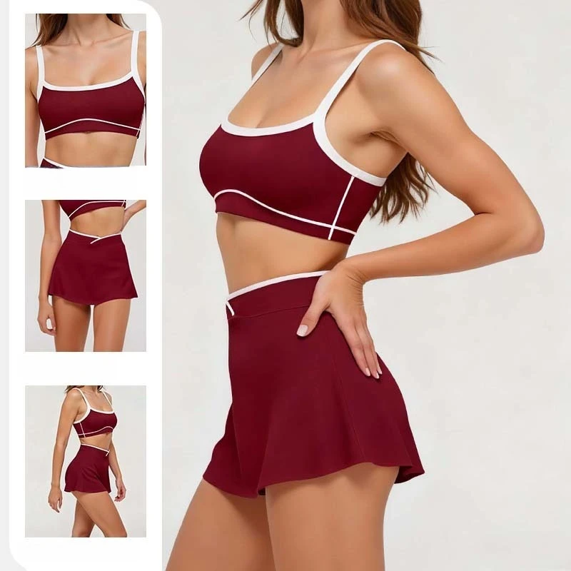 

Bra Womens Yoga 2-piece Spliced Strap Nude Feel Skirt High Waist Short Breathable Set Fitness Running Tennis Sports