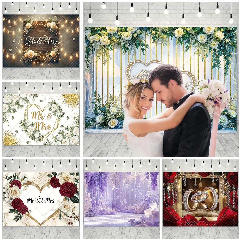 

Mr & Mrs Floral Arch And Heart Rose Anniversary Backdrop Wedding Bride And Groom Photography Background Props Party Decorations