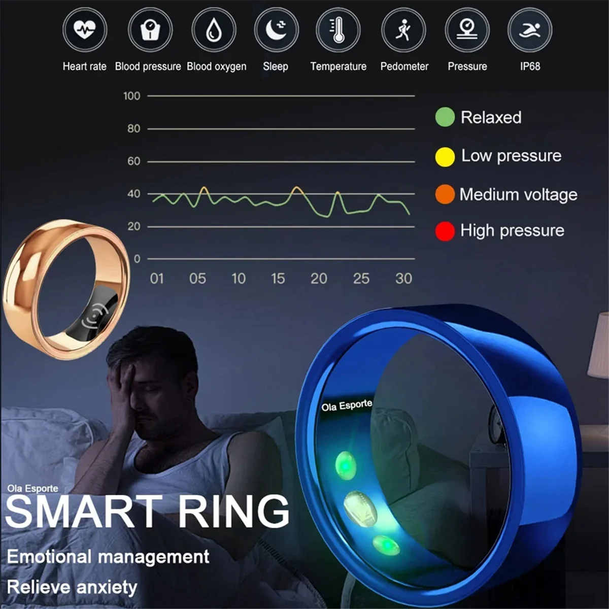 

T36C Smart Ring Health Monitor for Men Women Bluetooth Blood Pressure Heart Rate Sleep Monitor Ip68 Waterproof(Gold)