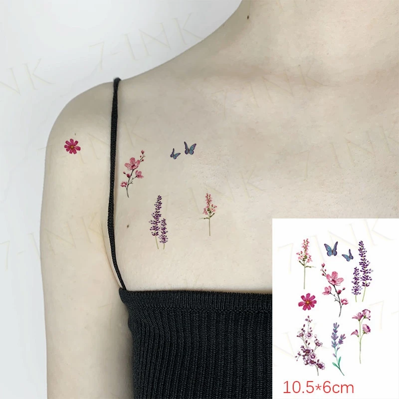 Waterproof Temporary Tattoo Sticker Butterfly Lavender Flower Bird Feather Sun Art Water Transfer Fake Tatoo Flash Tatto