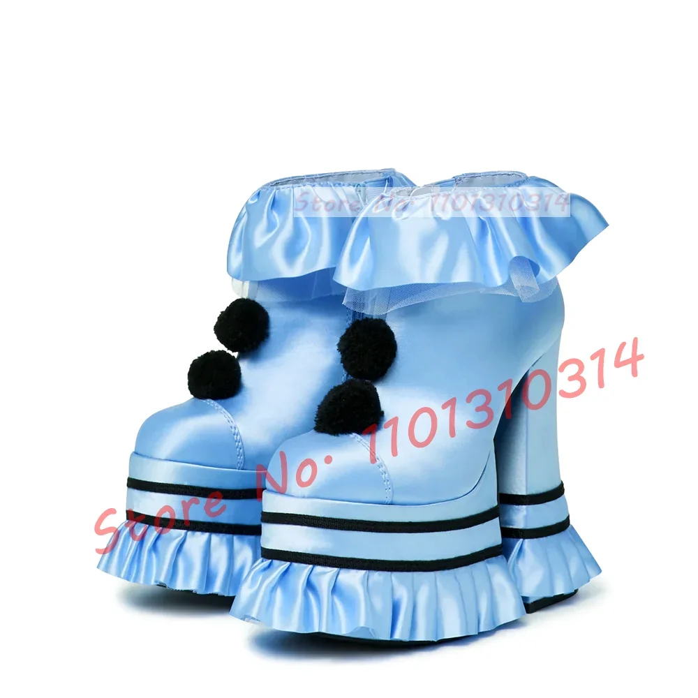 Ruffles Satin Platform Booties Women Lovely Smooth Upper Chunky High Heels Lolita Shoes Girly Pom Poms Fashion Sweet Silk Shoes