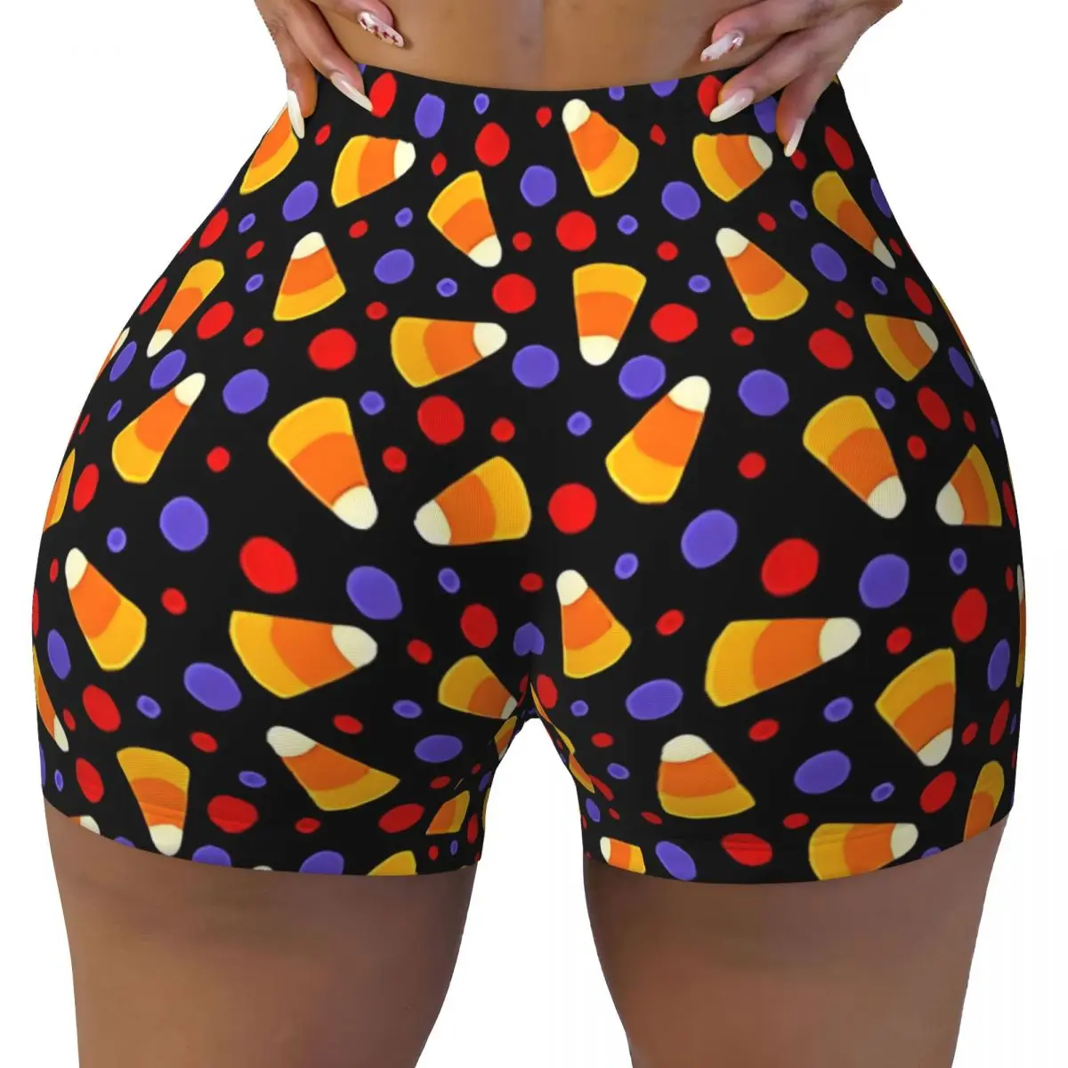 Custom Halloween Candy Corn On Black Witchful Thinking Running Volleyball Workout Shorts for Women Gym Athletic Yoga Shorts