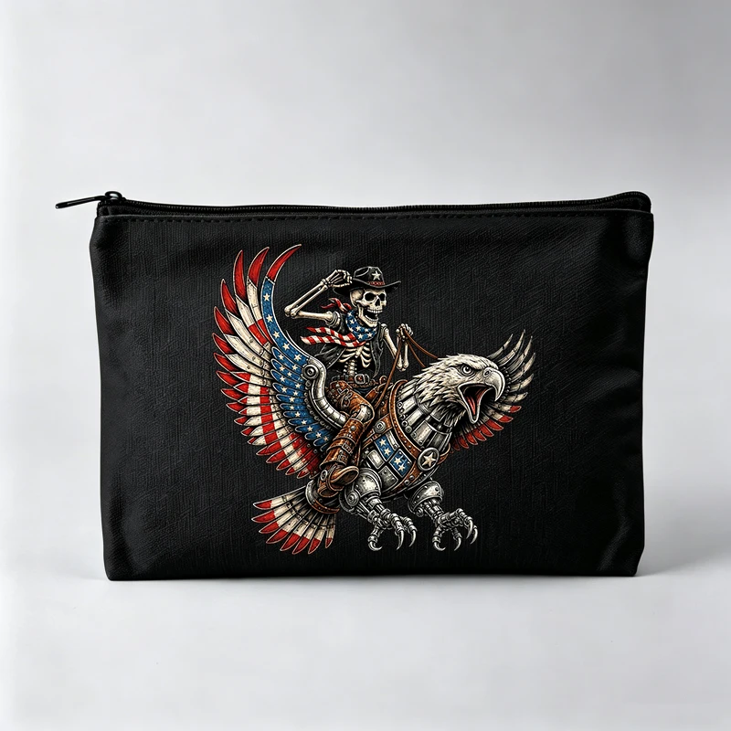 Women's Skull and Eagle Graphic Makeup Bag with Patriotic Print, Western Style Cosmetic Pouch for Daily Use