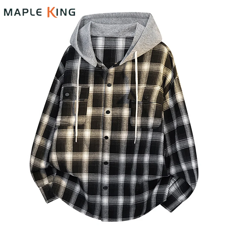 

Мужские клетчатые рубашки в стиле Харадзюку, свободные кардиганы, уличная одежда с капюшоном, новинка 2024, дизайнерская рубашка с двойными карманами в стиле хип-хоп для пары, рубашка оверсайз