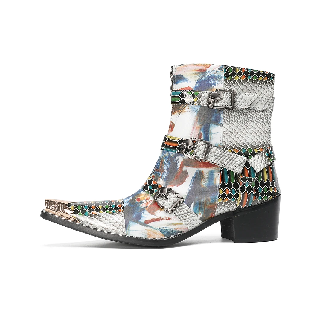 Fashion Snake Skin Genuine Leather High Heel Ankle Boots Gentleman Drag Show Dress Shoes Male Pointed Toe Party Motorcycle Boots