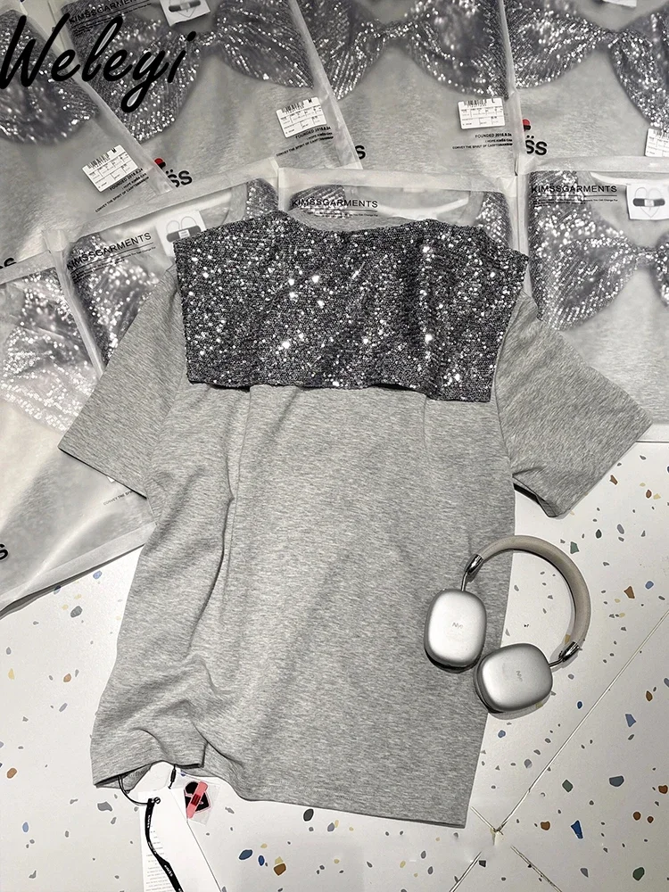 Women's Sequin Bow Short Sleeve gray T-shirts Streetwear Summer 2025 New Casual Fashion Clothes Versatile Tee Top for Women