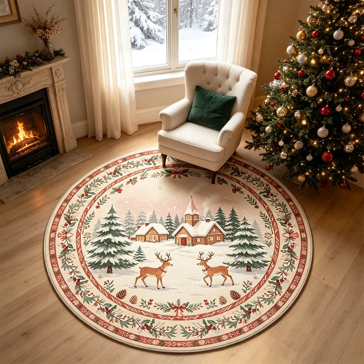 Christmas Round Carpet Non-slip Machine Washable Rug Town Reindeer Bedroom Bedside Floor Mat Home Decor Rugs Christmas Gift