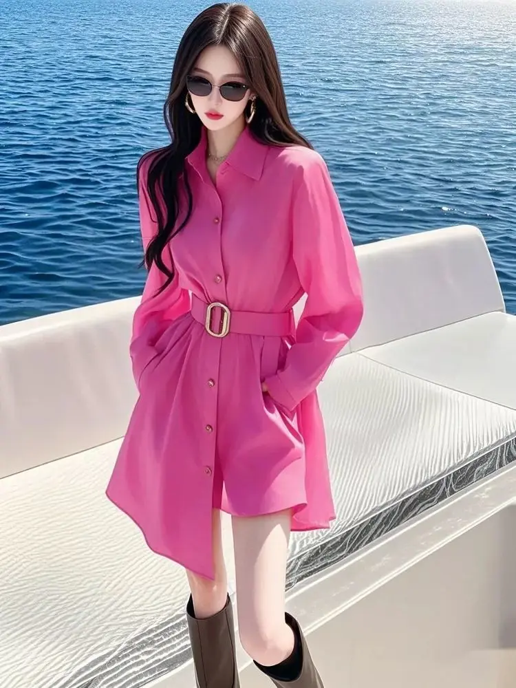 

Spring New French Style Rose Red Shirt Dress Long Sleeve Solid Color Simple Commuter Waist Slimming A-line Midi Dress for Women